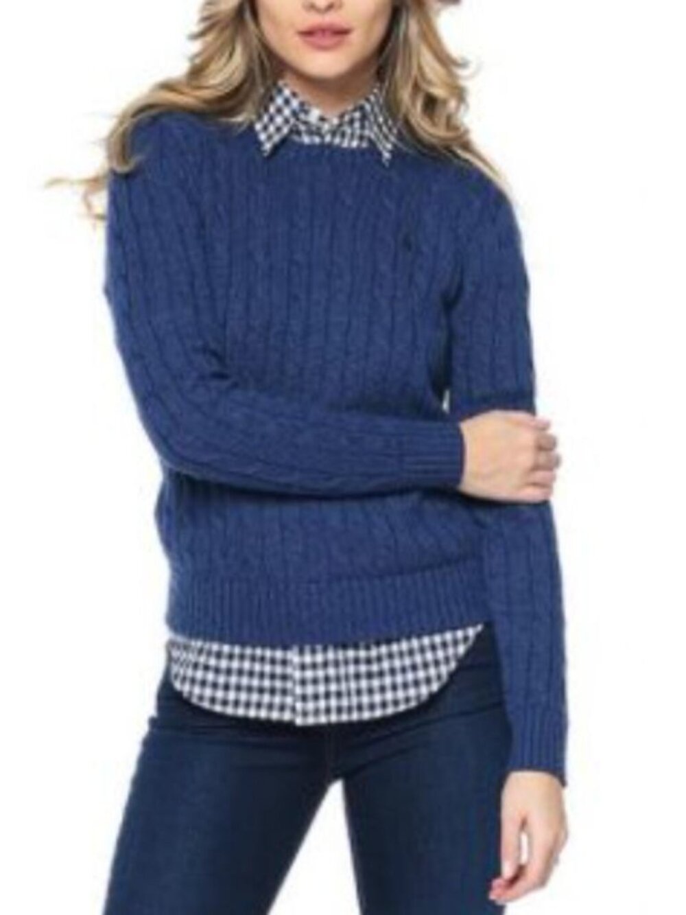 Polo Ralph Lauren women's blue cotton cable knit sweater navy pony logo classic